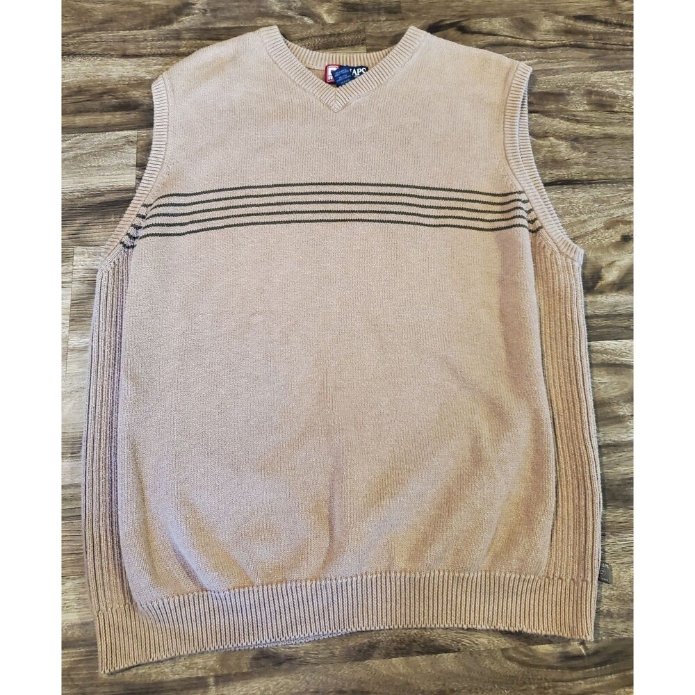 Chaps Ralph Lauren Men's XL Sweater Vest 100% Cotton Tan Beige Green Stripes